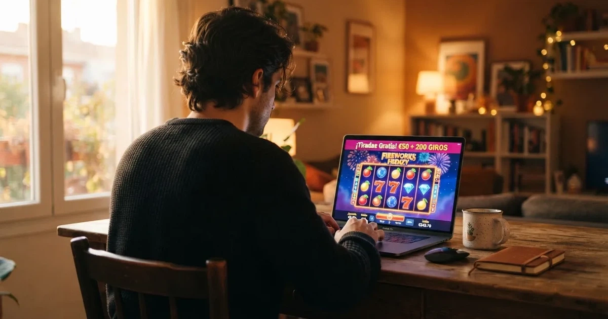 Pantalla de inicio de un casino online español con una promoción de tiradas gratis destacada en primer plano