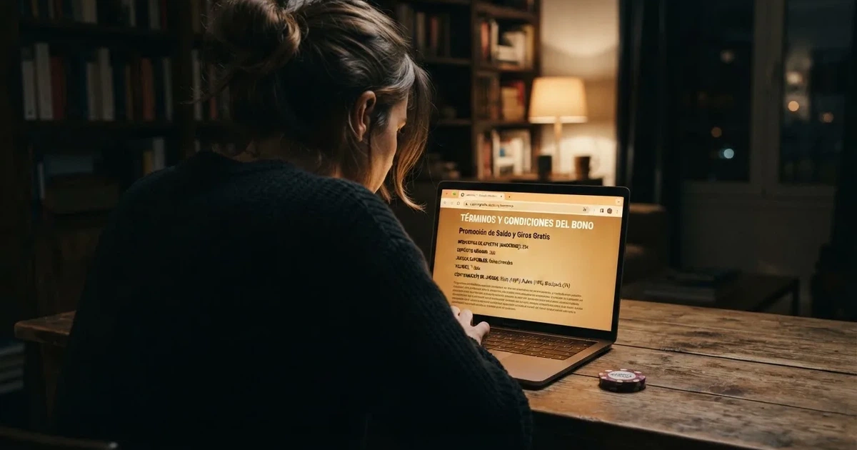 Un jugador consultando las condiciones de un bono en la pantalla de un casino online español regulado, con el candado de seguridad visible en la barra del navegador