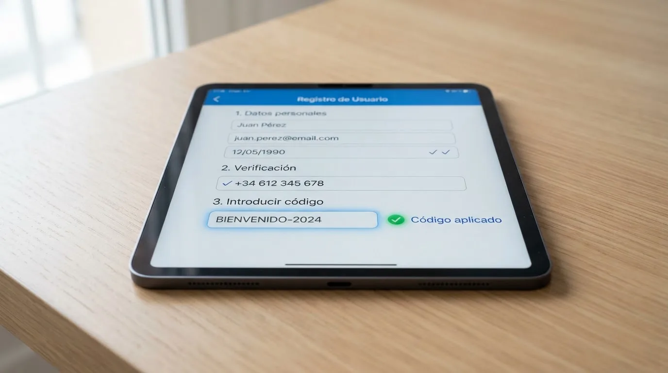 Interfaz de un formulario de registro de casino online español con un campo destacado para introducir el código promocional, los tres pasos del proceso visibles en pantalla y un mensaje de confirmación de código aplicado.