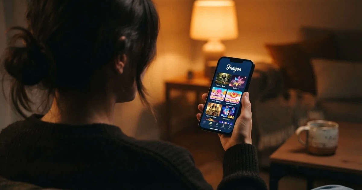 Pantalla de un teléfono móvil mostrando la interfaz de un casino online con licencia DGOJ y varias tragaperras en español