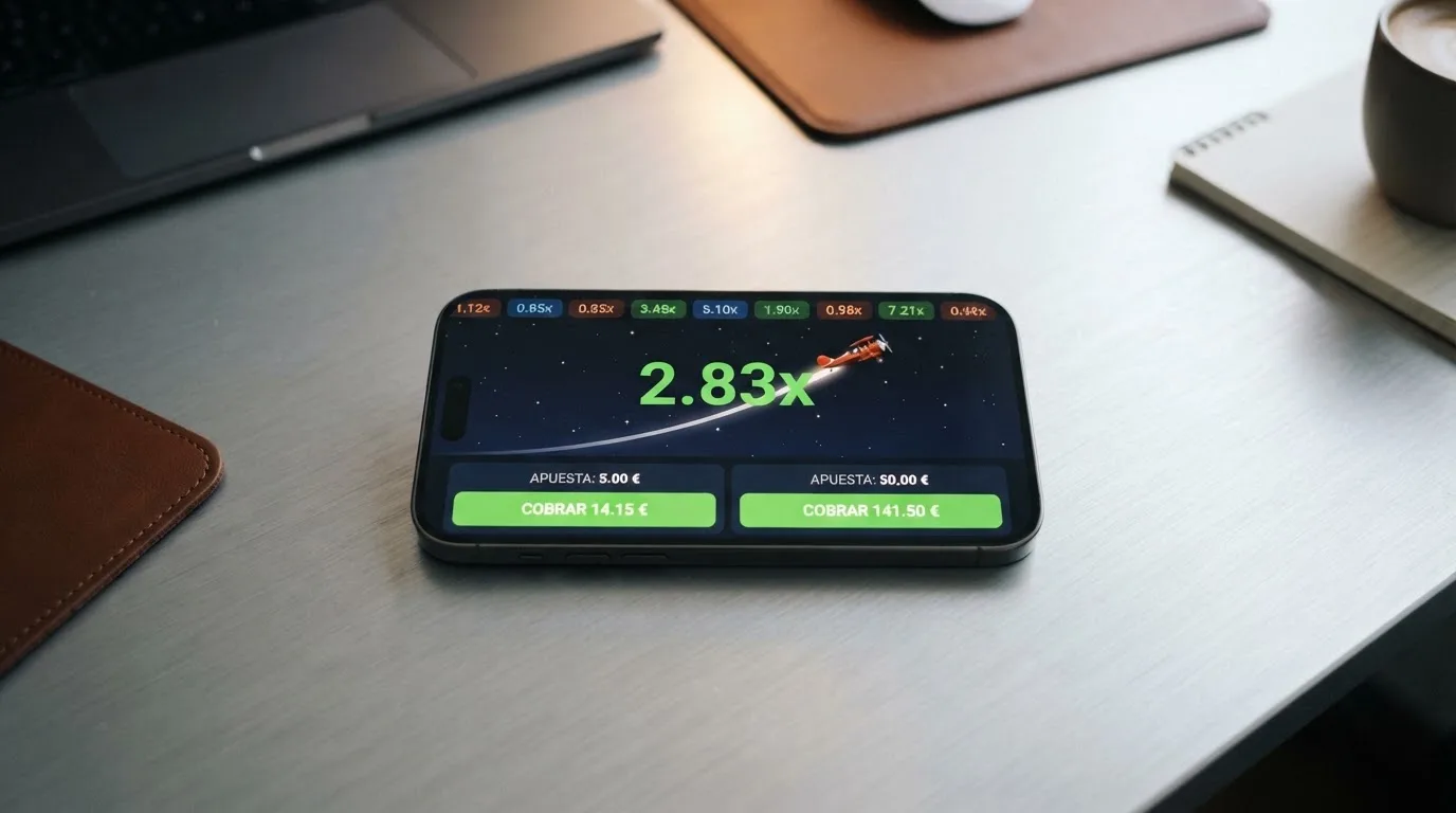 Pantalla de juego de Aviator mostrando el panel de doble apuesta con dos cantidades configuradas, el botón de cashout y el historial de multiplicadores de las últimas rondas
