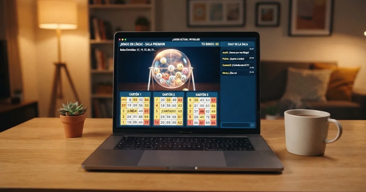 Interfaz de una sala de bingo online con cartones digitales de 90 bolas, bombo de extracción en pantalla y chat de comunidad activo en el lateral