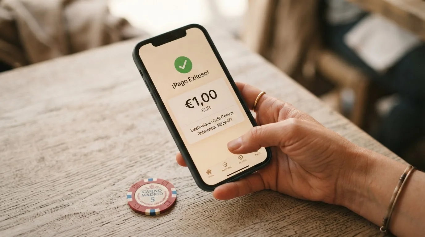Teléfono móvil mostrando la aplicación de Bizum con una transacción de 1 euro hacia un casino online, junto al icono de verificación de la operación