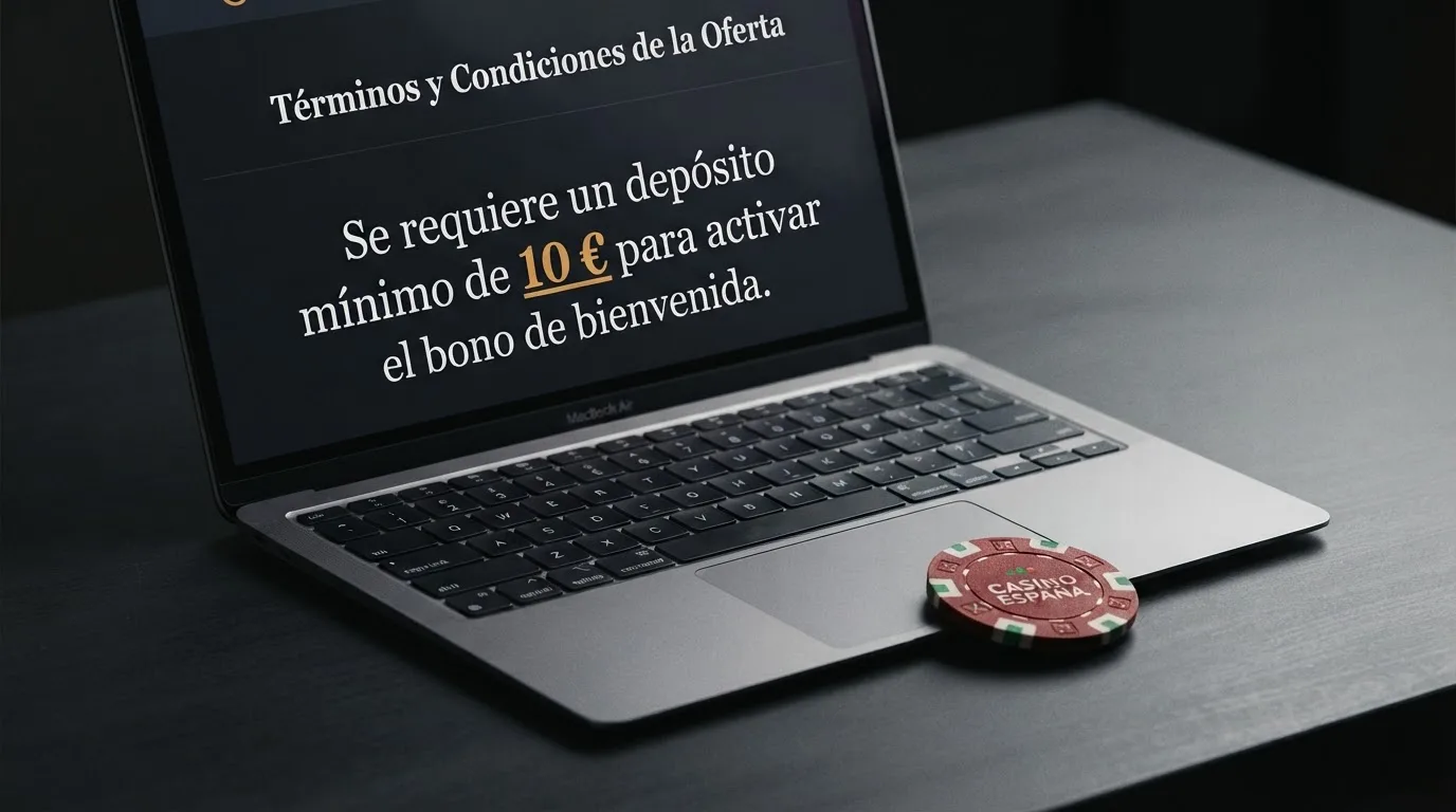 Primer plano de las condiciones de un bono de casino en pantalla, con el requisito de depósito mínimo subrayado y una ficha de 1 euro al lado