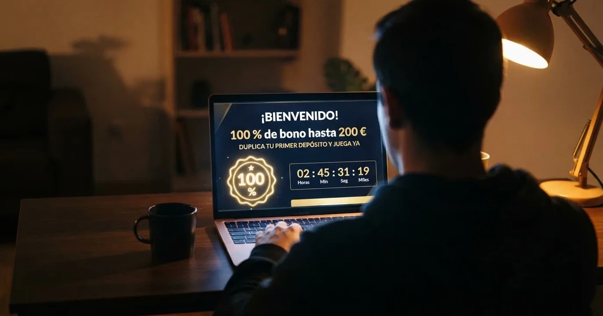 Un jugador frente a la pantalla de un casino online en español, con el mensaje «100% de bono hasta 200 €» visible en la interfaz de promoción de bienvenida.