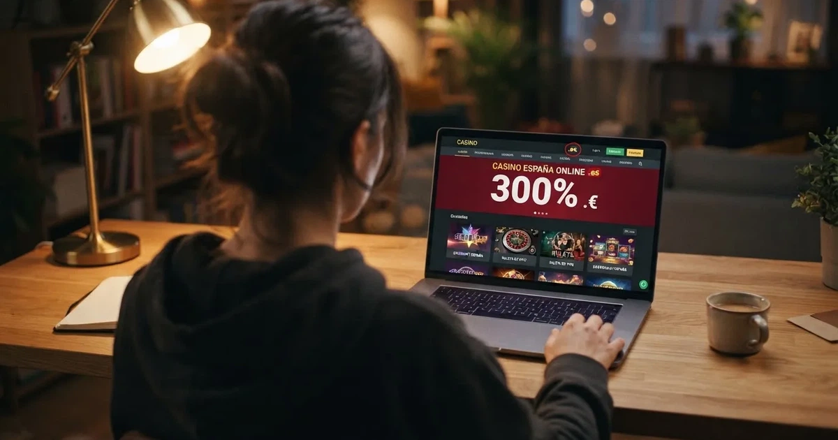 Un jugador consultando las condiciones de un bono de casino en la pantalla de un ordenador, con el símbolo del 300% visible y el dominio .es destacado en la interfaz