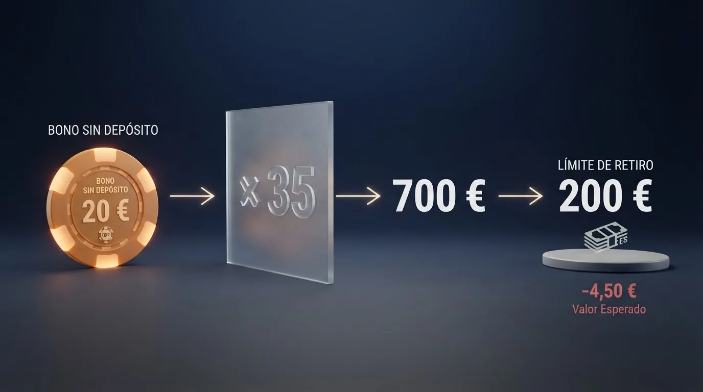 Representación visual del recorrido de un bono sin depósito desde la activación hasta la retirada, con el requisito de apuesta como barrera central