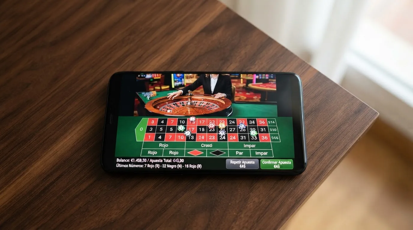 Teléfono en horizontal mostrando una mesa de ruleta en vivo con crupier real y la interfaz de apuestas superpuesta en pantalla