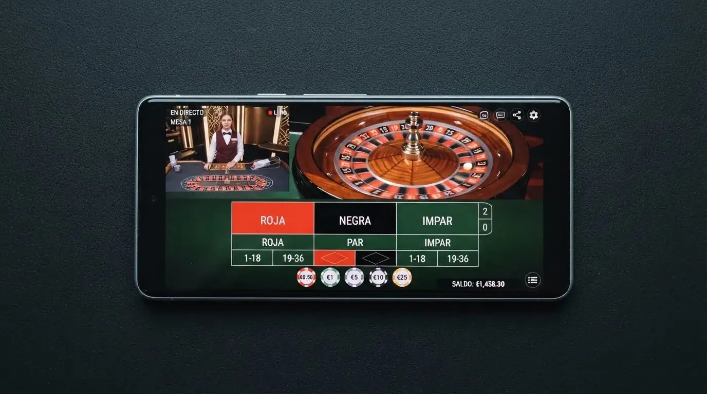 Un teléfono móvil en posición horizontal muestra una mesa de ruleta en vivo de Evolution Gaming con la interfaz de apuestas completa y el vídeo del crupier en tiempo real
