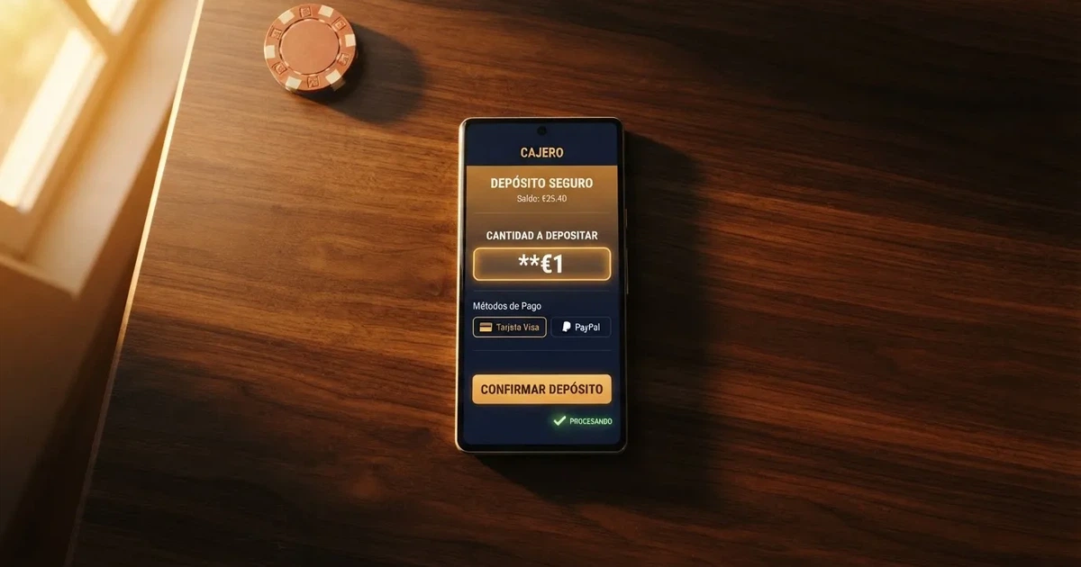 Pantalla de un móvil mostrando la página de depósito de un casino online con el importe de 1 euro seleccionado y el logotipo del operador visible