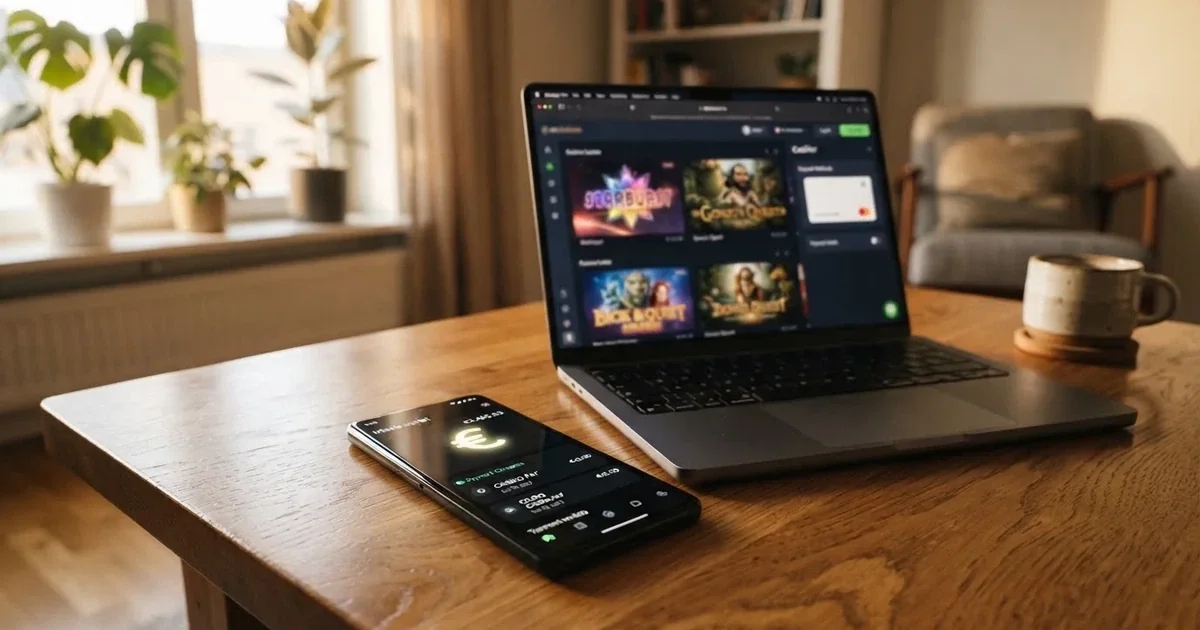 Un teléfono móvil mostrando la aplicación CaixaBank Pay junto a la pantalla de un casino online español con el logo de Visa visible en el cajero de depósito