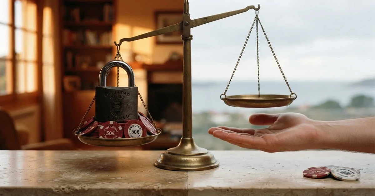 Comparativa visual entre el entorno regulado DGOJ (candado y escudo) y el entorno offshore sin protección, con una balanza que pesa ambas opciones