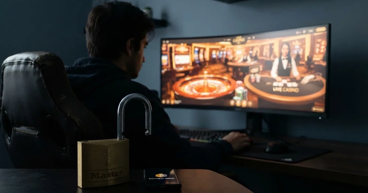 Un jugador frente a una pantalla con la interfaz de un casino online, un candado abierto en primer plano y el símbolo de una cartera de criptomonedas en la esquina