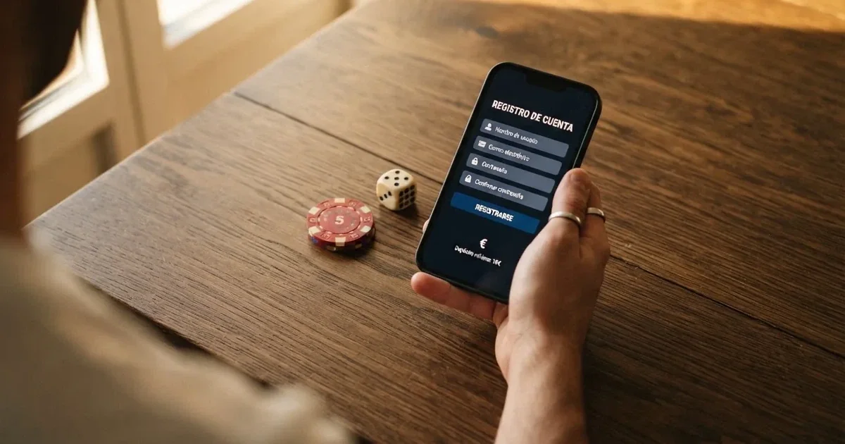 Mano sosteniendo un móvil con la pantalla mostrando el registro de un casino online español, junto a un dado y una ficha de casino sobre una mesa