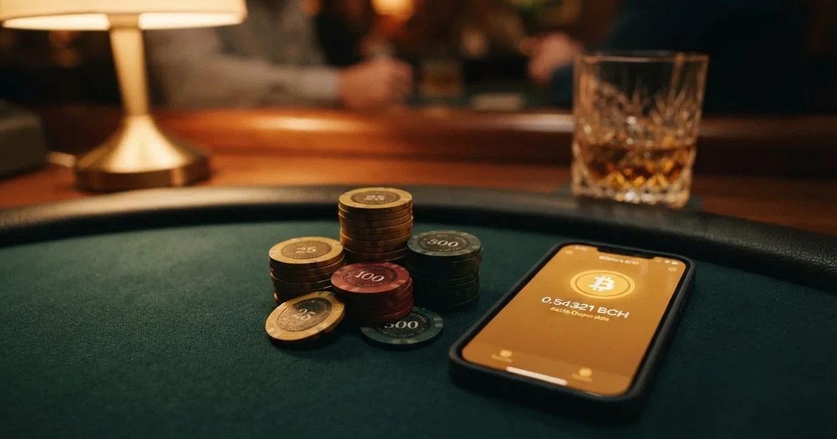 Monedas de Bitcoin Cash sobre una mesa de casino online con una pantalla que muestra un monedero digital y la cotización del BCH en tiempo real