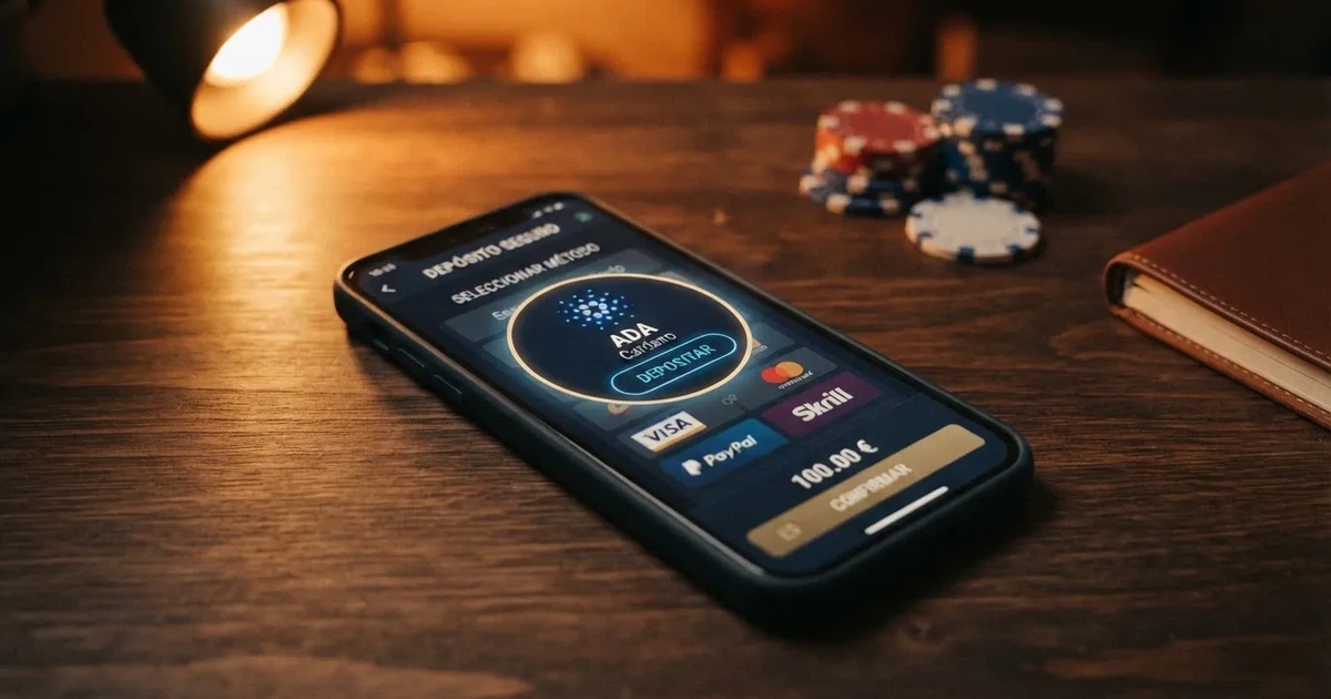 Interfaz de un casino online que muestra la opción de depósito con Cardano (ADA) entre los métodos de pago disponibles