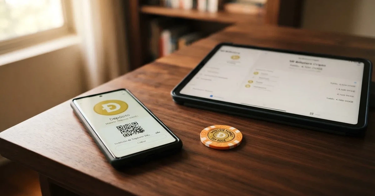 Cartera digital con el logo de Dogecoin junto a una pantalla de casino online mostrando la opción de depósito en criptomonedas
