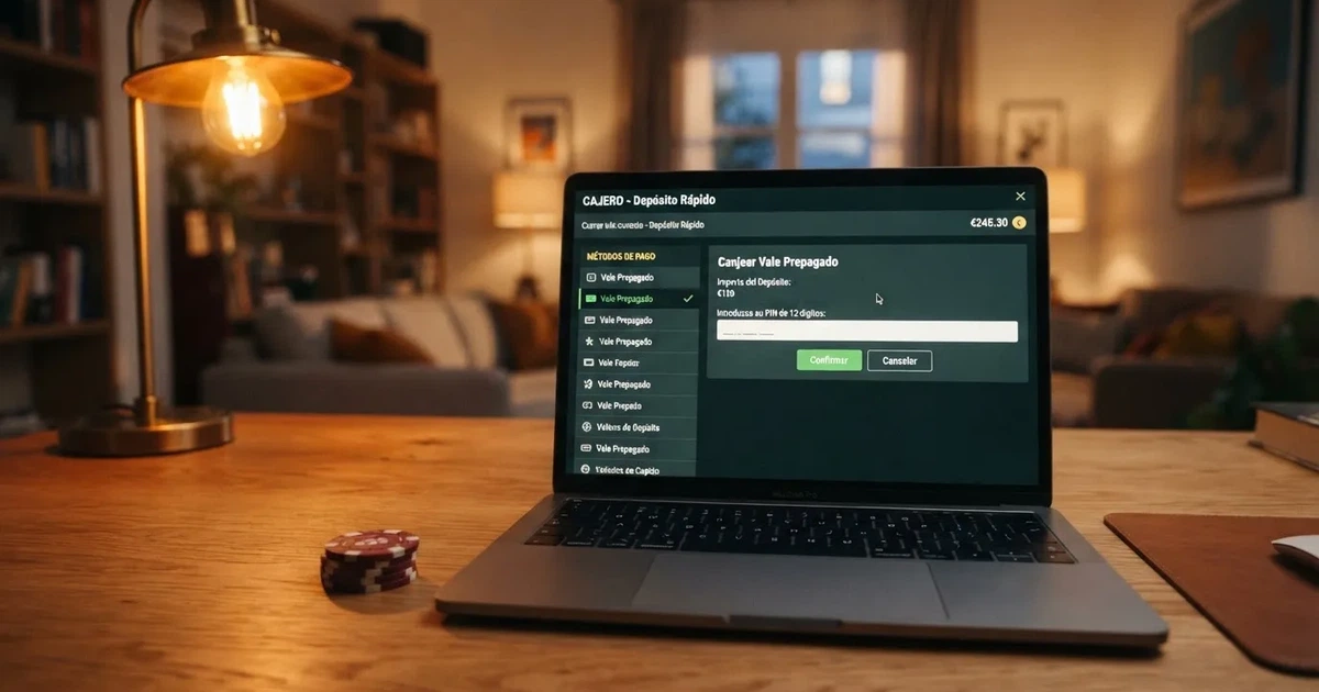Pantalla de un ordenador portátil mostrando la caja de depósito de un casino online español con el logotipo de Neosurf entre las opciones de pago disponibles.