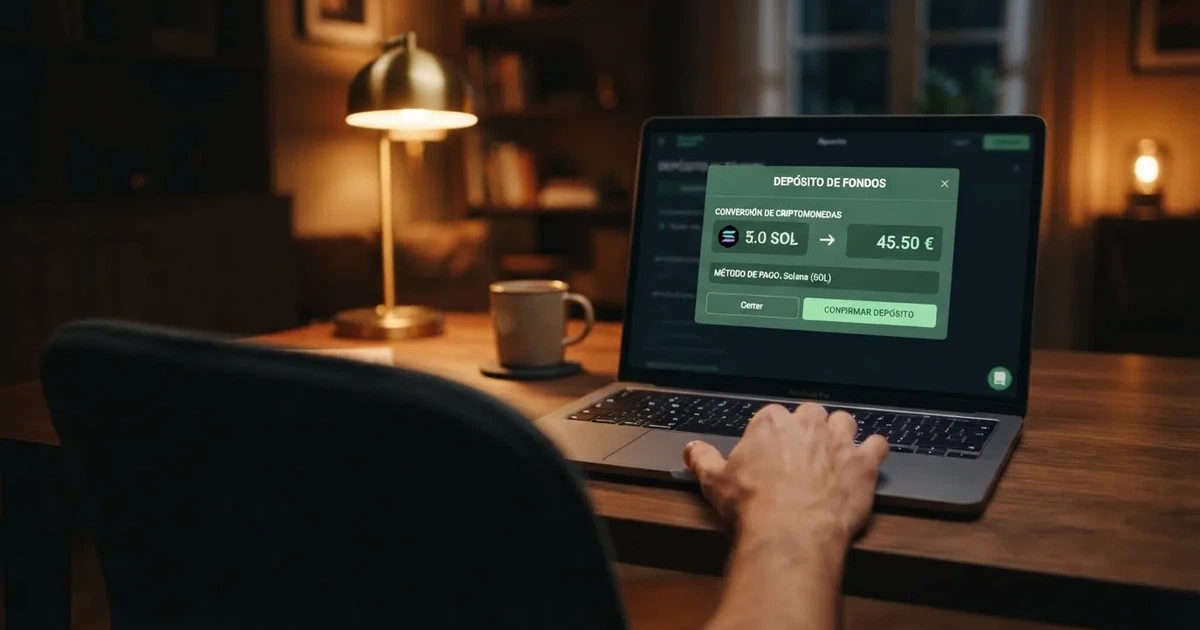 Interfaz de un casino online con el logotipo de Solana y la opción de depósito con criptomonedas visible en pantalla