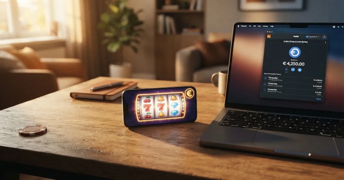 Cartera digital mostrando el token USDC junto a una interfaz de casino online en una pantalla de ordenador, con un móvil al lado