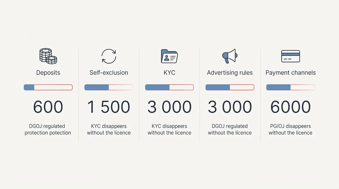Infografía que desglosa las cinco categorías de restricciones DGOJ (depósitos, autoesclusión, KYC, publicidad, pagos) y muestra qué ocurre con cada una fuera del mercado regulado