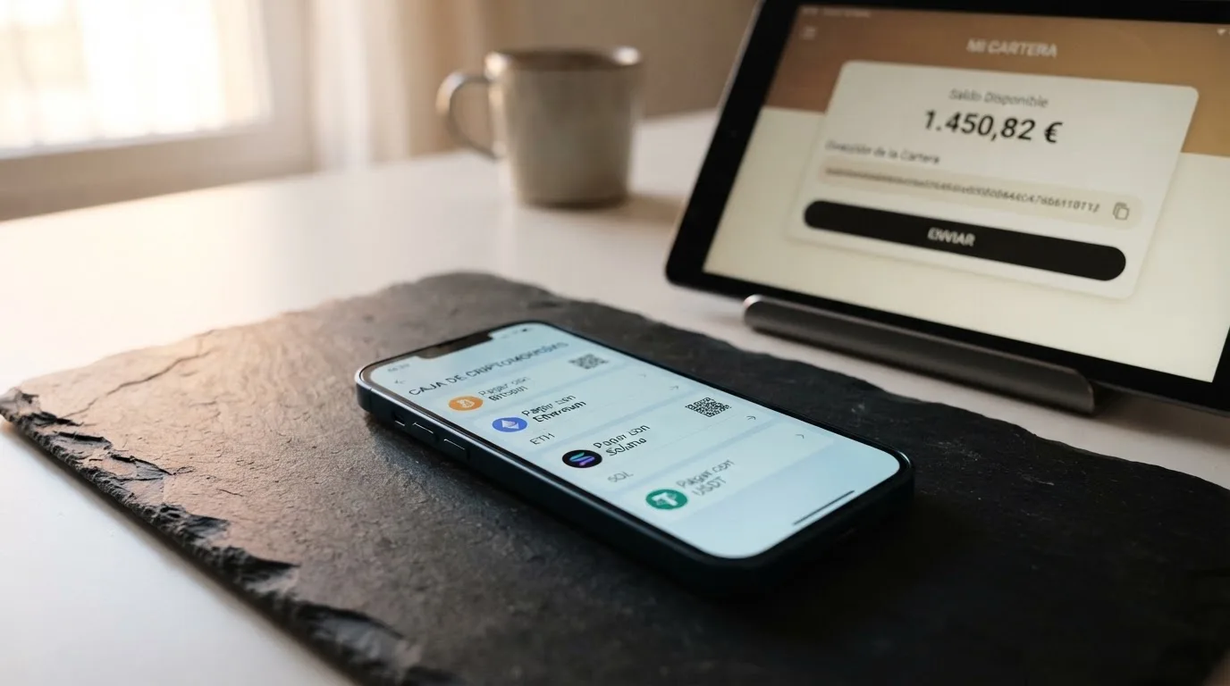 Pantalla de cajero de casino online mostrando las opciones de depósito: TRX, USDT TRC-20, BTC y ETH, con un monedero TronLink abierto en segundo plano en el móvil