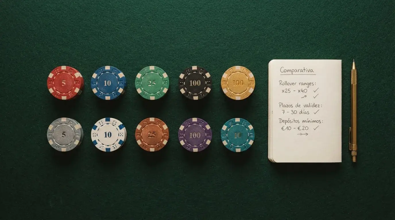 Logotipos de los10 casinos online con licencia DGOJ analizados junto a una tabla compaativa de condiciones