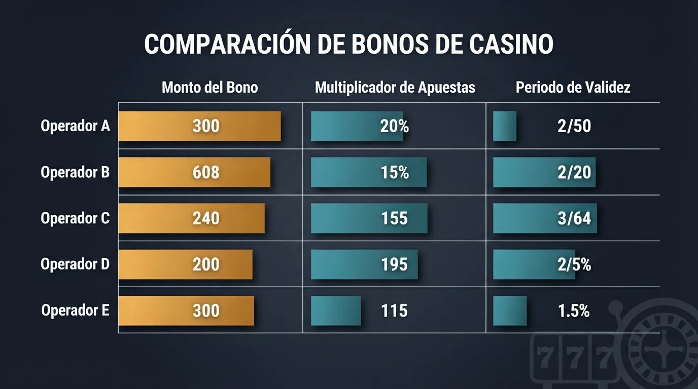 Una tabla comparativa con filas de operadores y columnas de bono rollover y vigencia sobre un fondo de pantala de casino con luz tenue