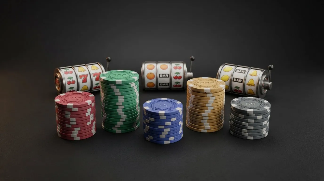 Una tabla comparativa con fichas de casino mostrando distintos importes de bono, multiplicadores de rollover y plazos de validez sobre un fondo de pantalla de juego.