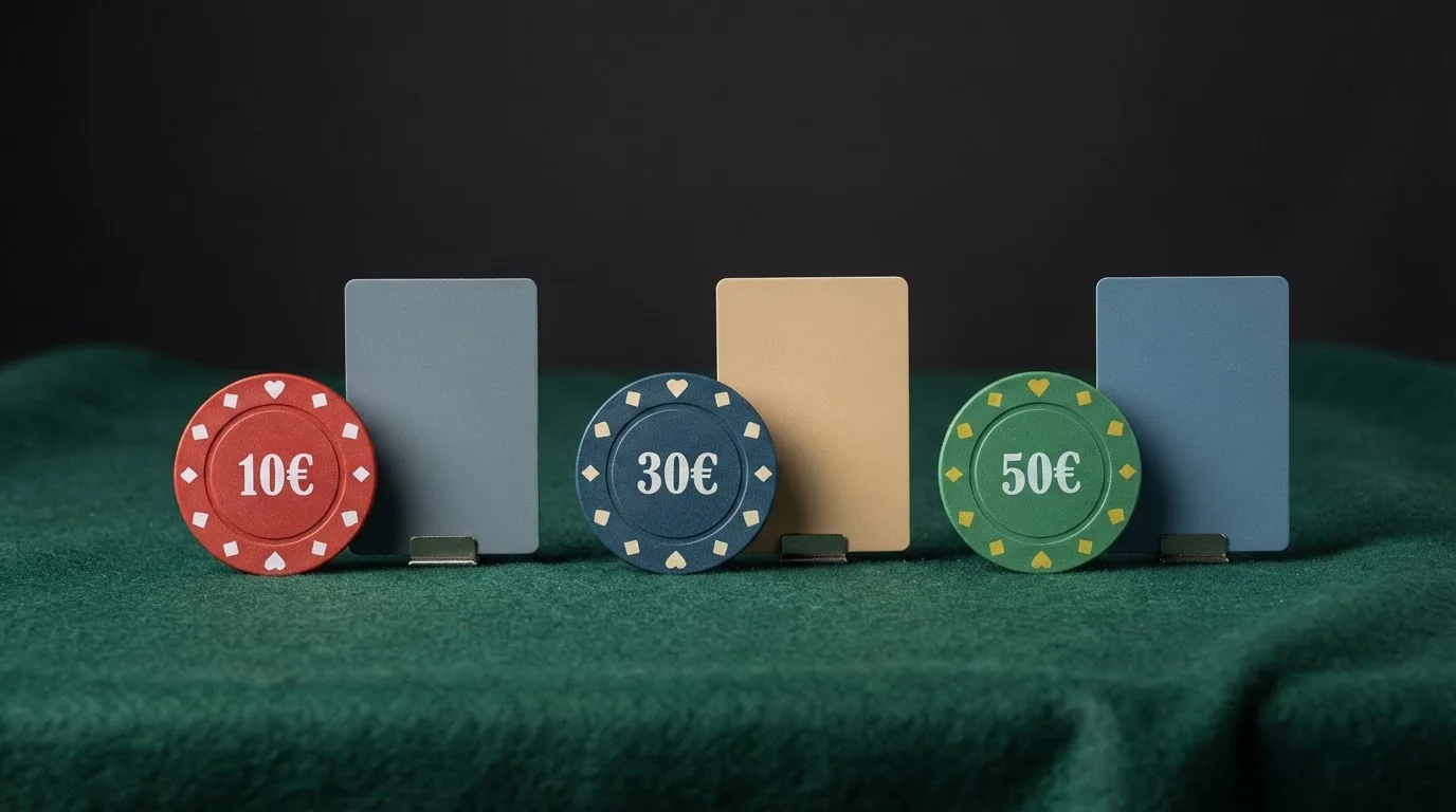 Fichas de casino con importes de 10, 30 y 50 euros alineadas junto a tarjetas con los nombres de los operadores españoles analizados
