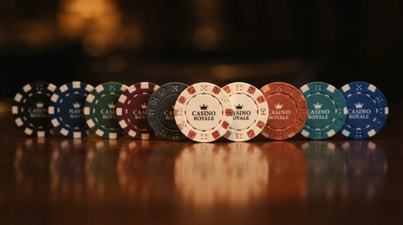 Diez fichas de casino alineadas, cada una con el logotipo de una criptomoneda distinta y una licencia internacional visible
