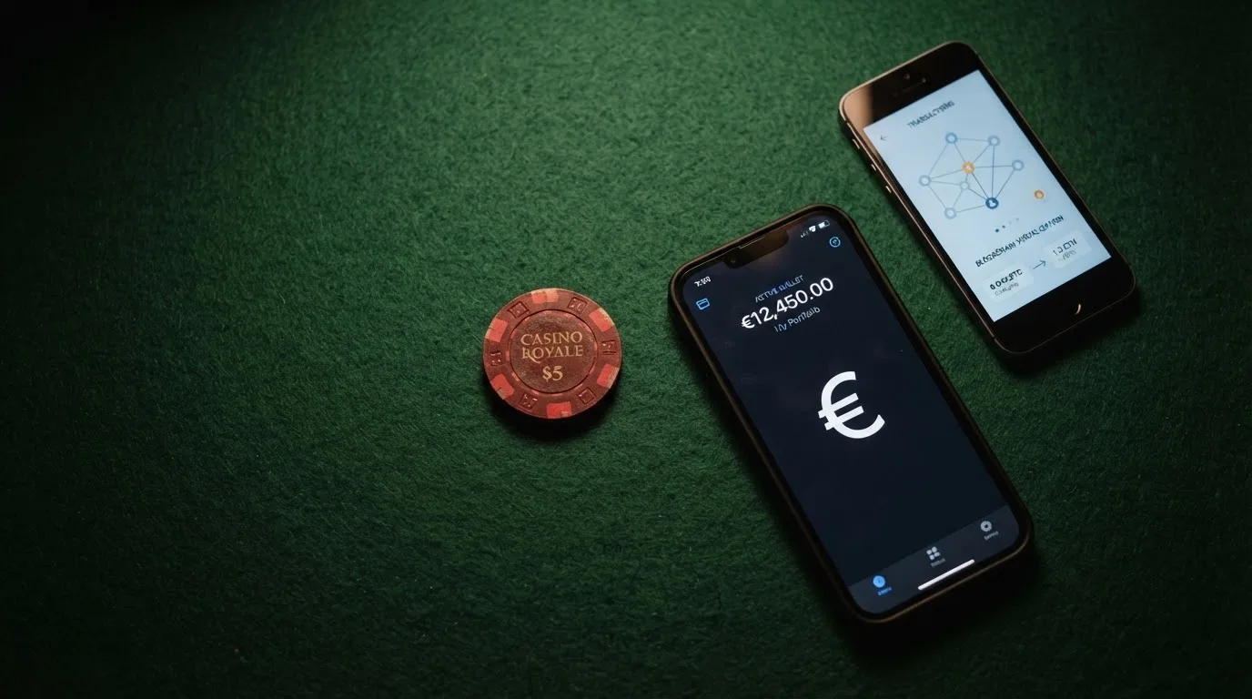 Pantalla dividida: a la izquierda, la fachada de un casino físico con el sello DGOJ y el dominio .es; a la derecha, un nodo blockchain brillante con fichas de casino digitales y el logo USDC