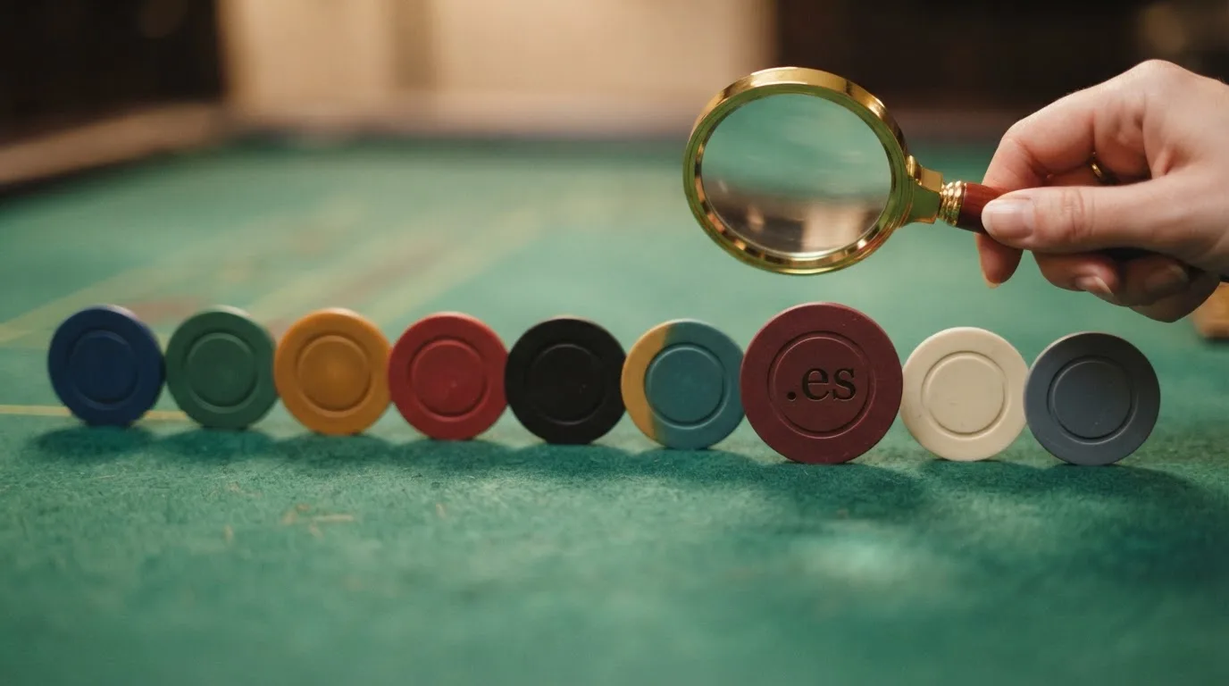 Diez fichas de casino alineadas sobre una mesa, cada una con el logo de un operador con licencia DGOJ, bajo una lupa que revela el texto «dominio .es» en cada ficha