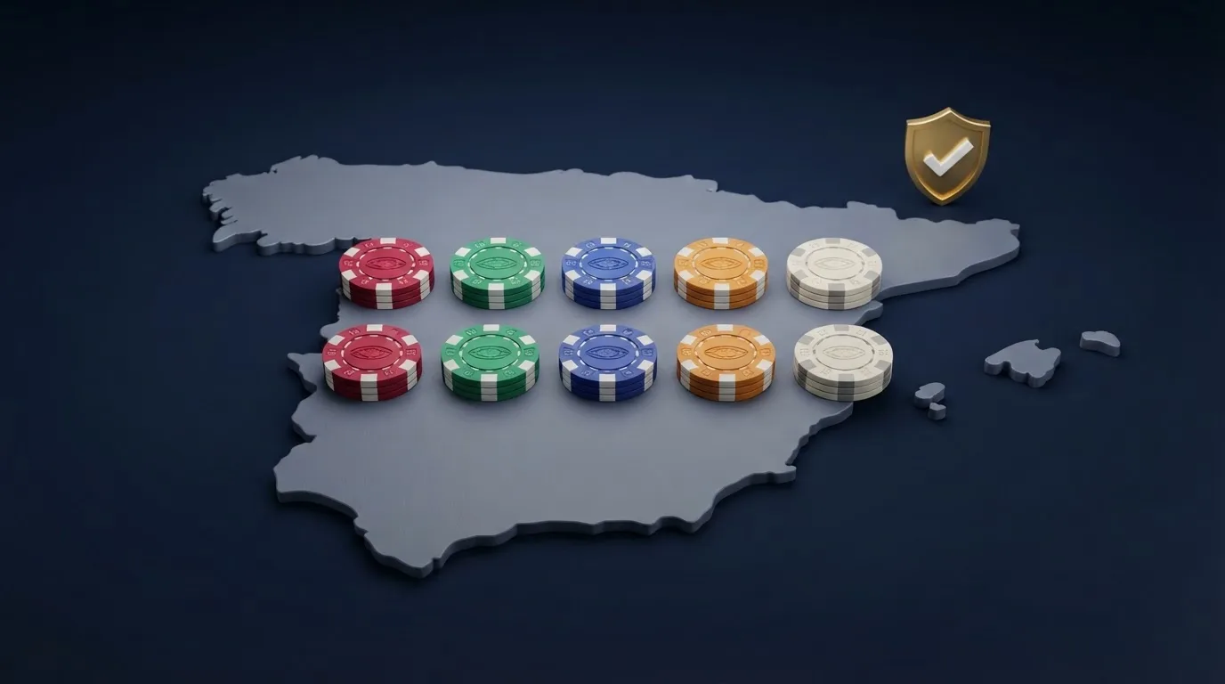 Una tabla comparativa con fichas de casino sobre un mapa de España y el logotipo de la DGOJ