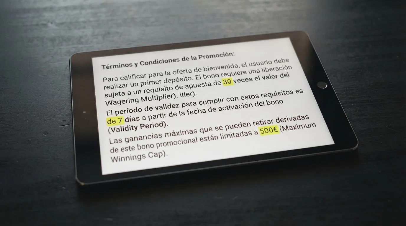 Ventana de térmiños y condiciones de un bono de tiradas gratis con las cifras de rollover, plazo y ganancias máximas subrayadas