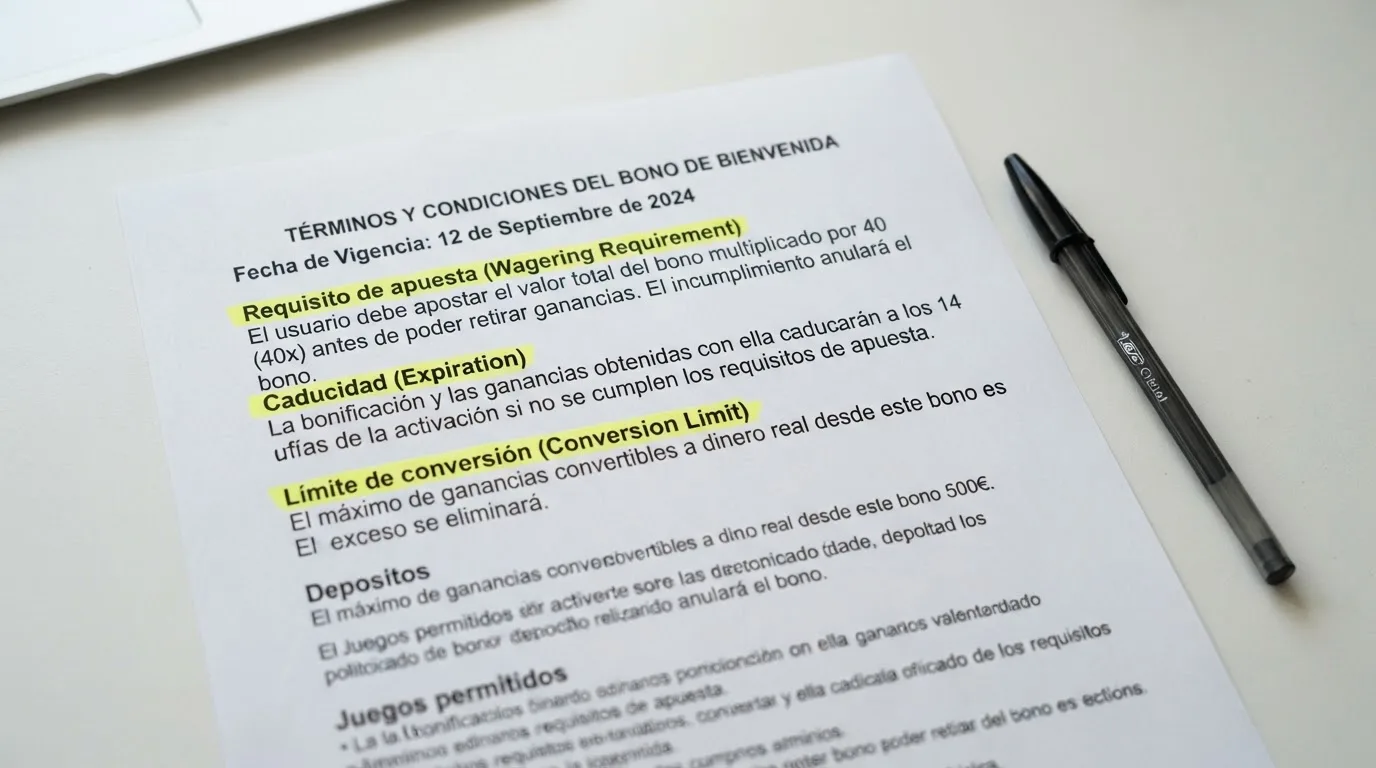 Primer plano de los términos de un bono de casino con los apartados de requisito de apuesta, caducidad y límite de conversión subrayados