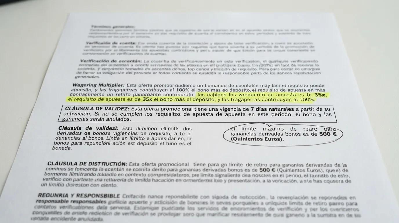 Primer plano de un documento con términos y condiciones destacando las secciones de rollover, vigencia y tope de retirada