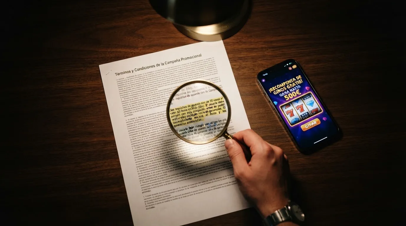 Primer plano de un documento con términos y condiciones y una lupa sobre la sección del requisito de apuesta, junto a una tragaperra en una pantalla