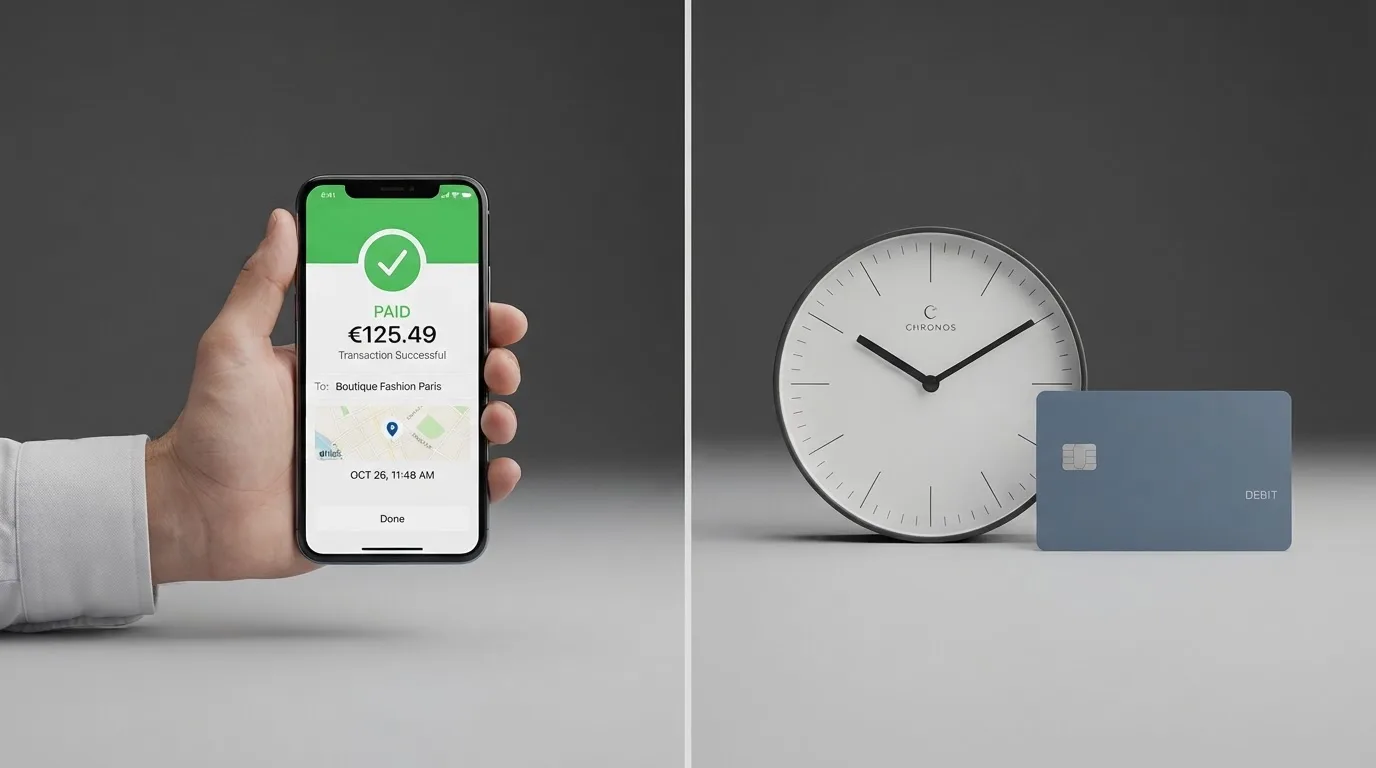 Pantalla dividida: a la izquierda el proceso de depósito en un móvil con CaixaBank Pay, a la derecha un reloj marcando 48 horas junto al logo de CaixaBank