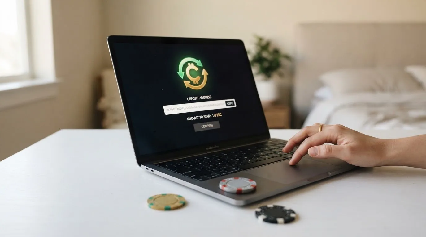 Monedas digitales — Bitcoin, Ethereum y USDT — dispuestas sobre el teclado de un ordenador portátil con la interfaz de depósito de un casino en la pantalla