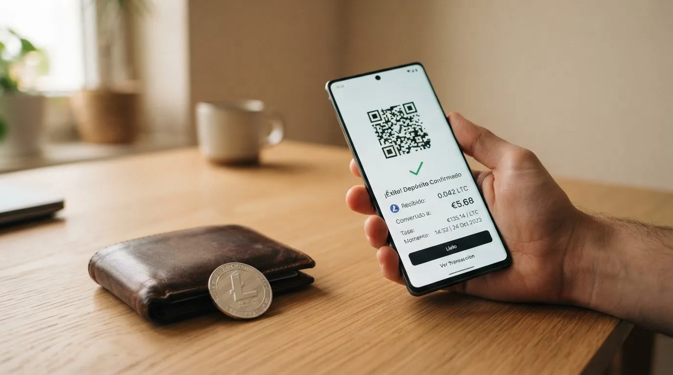 Teléfono móvil mostrando un código QR de Bitnovo Pay junto a un monedero de Litecoin