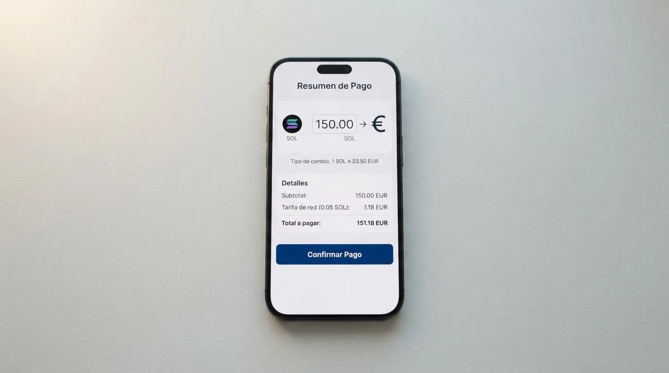 Pantalla del proceso de compra en Bitnovo Pay mostrando la conversión de SOL a euros con el importe y la wallet de origen