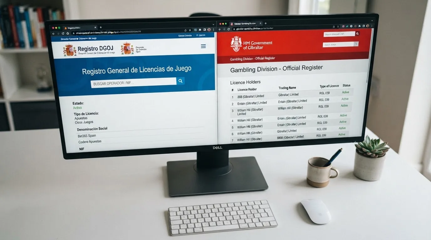 Pantalla dividida: a la izquierda el portal de la DGOJ con el dominio ordenacionjuego.es, a la derecha el registro de licencias de Gibraltar en gamblingdivision.gov.gi