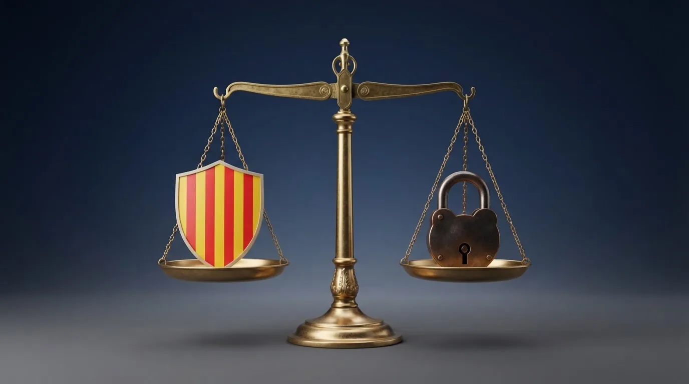 Balanza que compara un escudo con la bandera de España y un candado con las palabras Curaçao y Anjouan