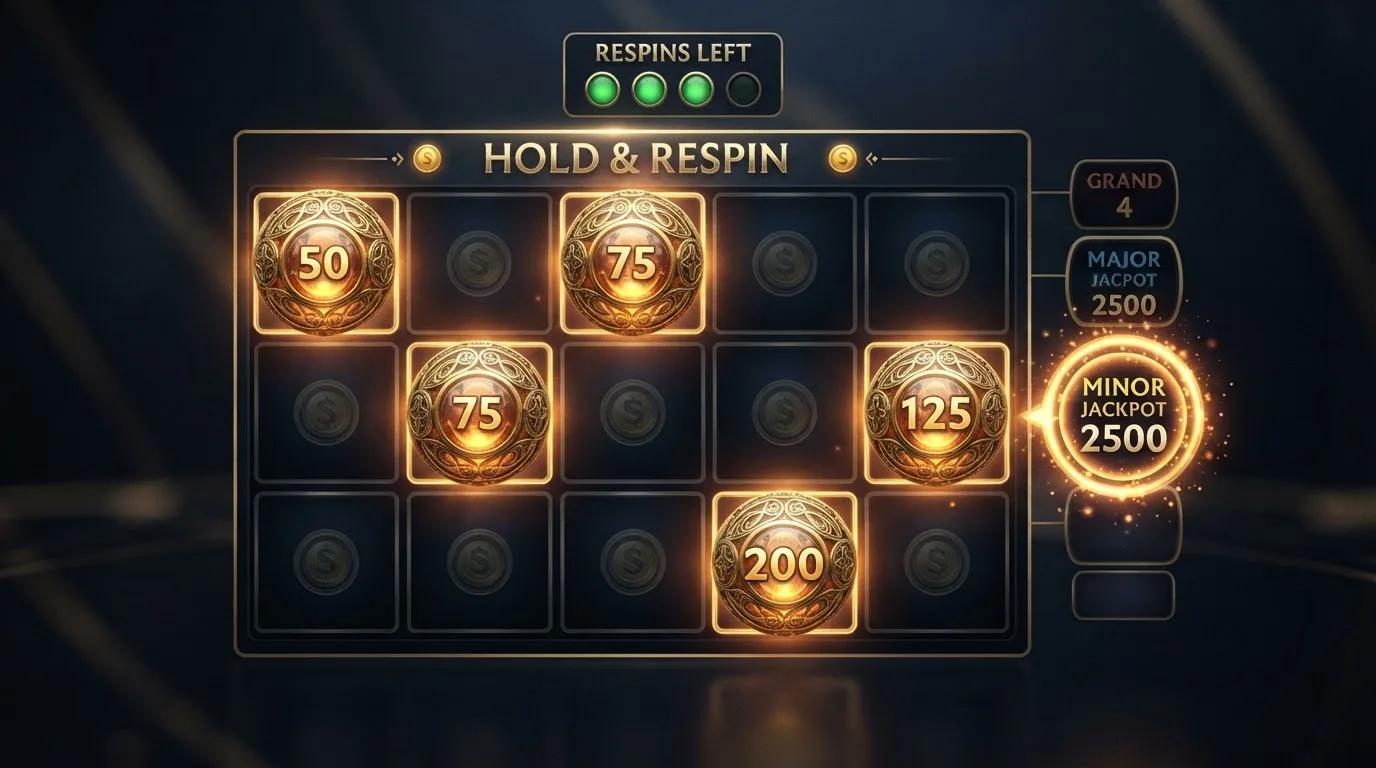 Primer plano de la ronda Hold & Respin con varios símbolos de bonificación fijados en la cuadrícula, el contador de 3 respins visible y uno de los jackpots fijos resaltado