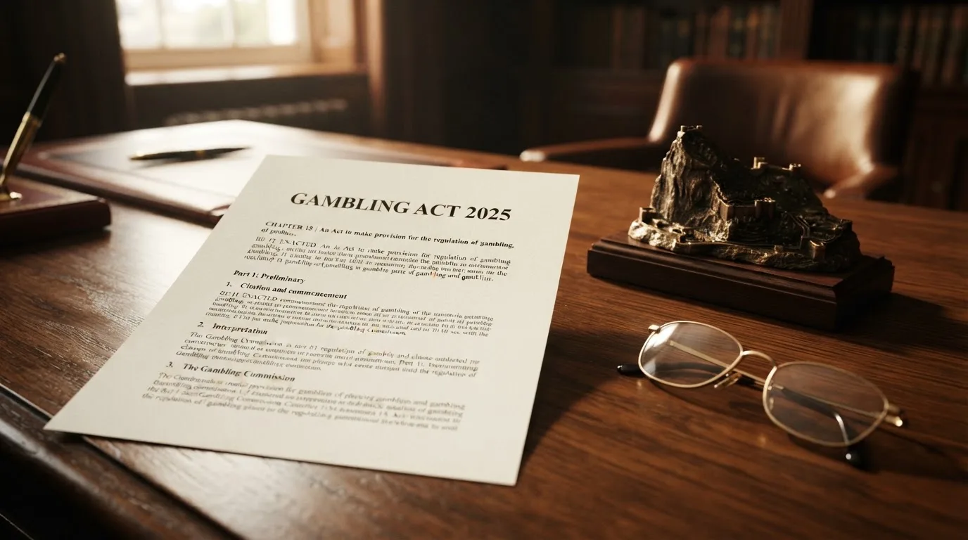 Documento oficial con el título de la Gambling Act 2025 sobre una mesa junto al escudo del Gobierno de Gibraltar
