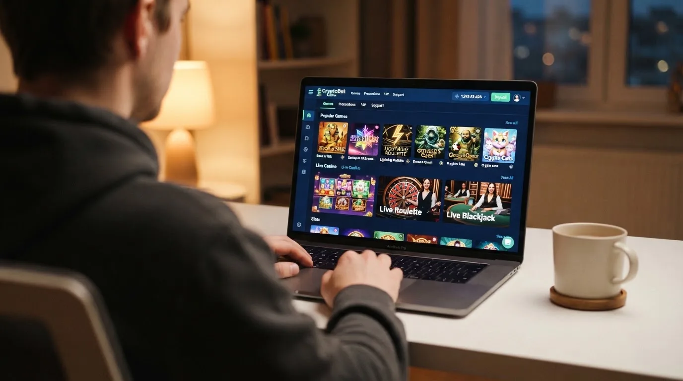 Lobby de un casino online con criptomonedas mostrando slots, ruleta y juegos en vivo, con el saldo en ADA visible