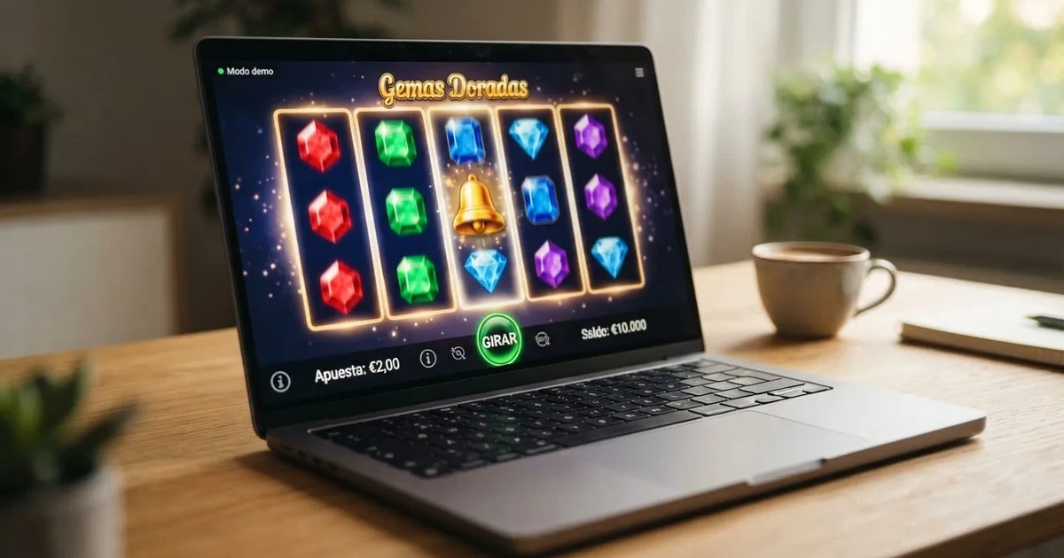 Pantalla de un slot online en modo demo con saldo virtual en créditos, interfaz en español sin campos de registro visibles