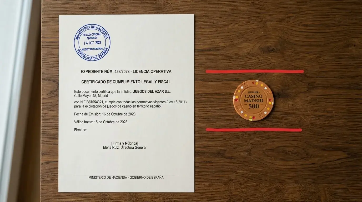 Un documento oficial con el sello de la DGOJ y una cartera de BNB sobre la mesa, separados por una línea roja
