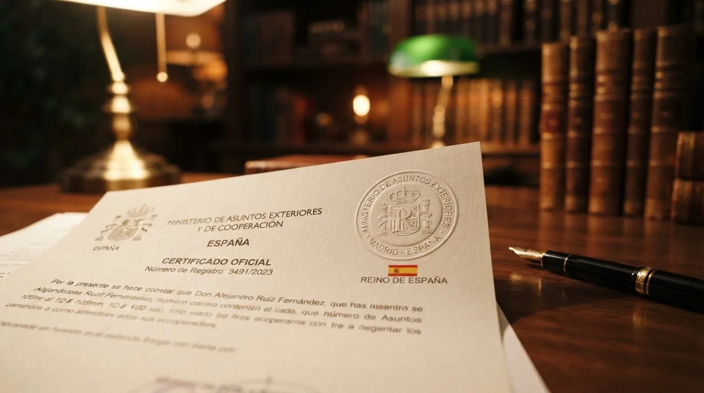 Primer plano de un sello o documento oficial con la marca DGOJ y la bandera de España sobre un escritorio